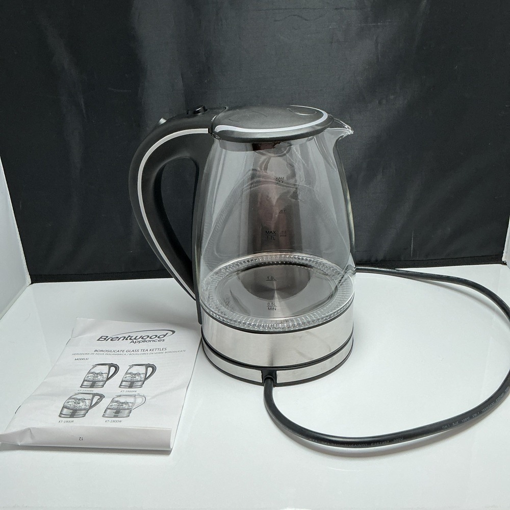 Brentwood 1.7L Cordless Electric Glass Kettle Hot Water Boiler Blue LED Black - Picture 4 of 12